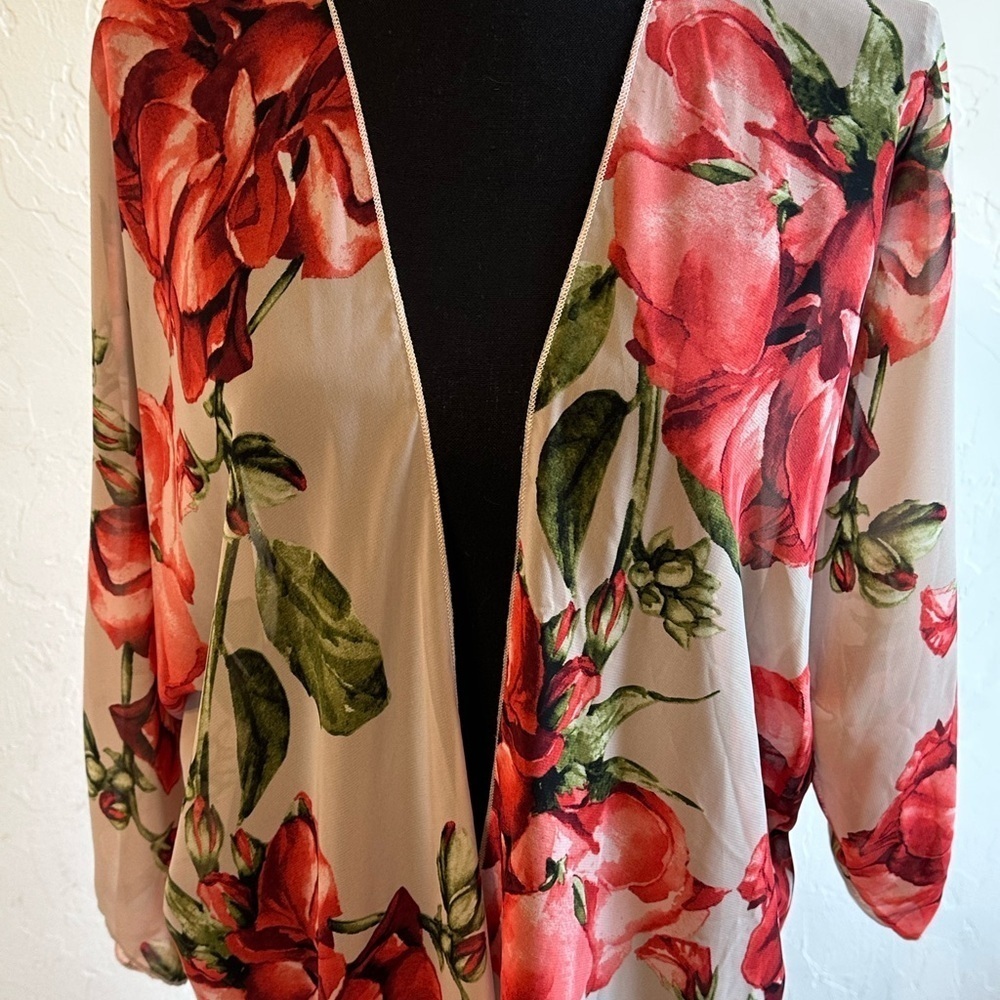 Tan with Red Roses Floral Sheer Bell Sleeves Kimono Swimsuit Cover-Up - Picture 2 of 10